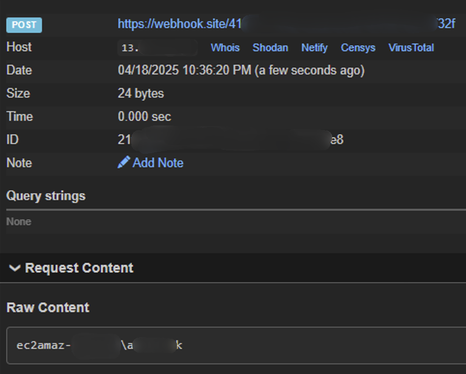 Screenshot of webhook.site callback with whoami output